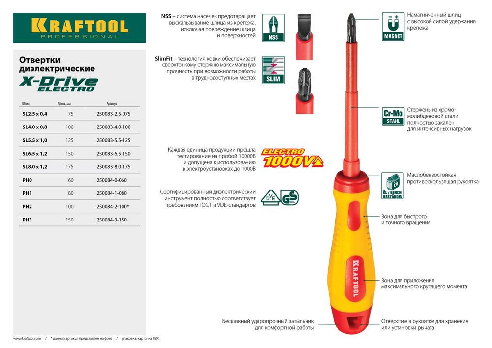 Отвертка высоковольтная PH1 х 80 мм KRAFTOOL 250084-1-080