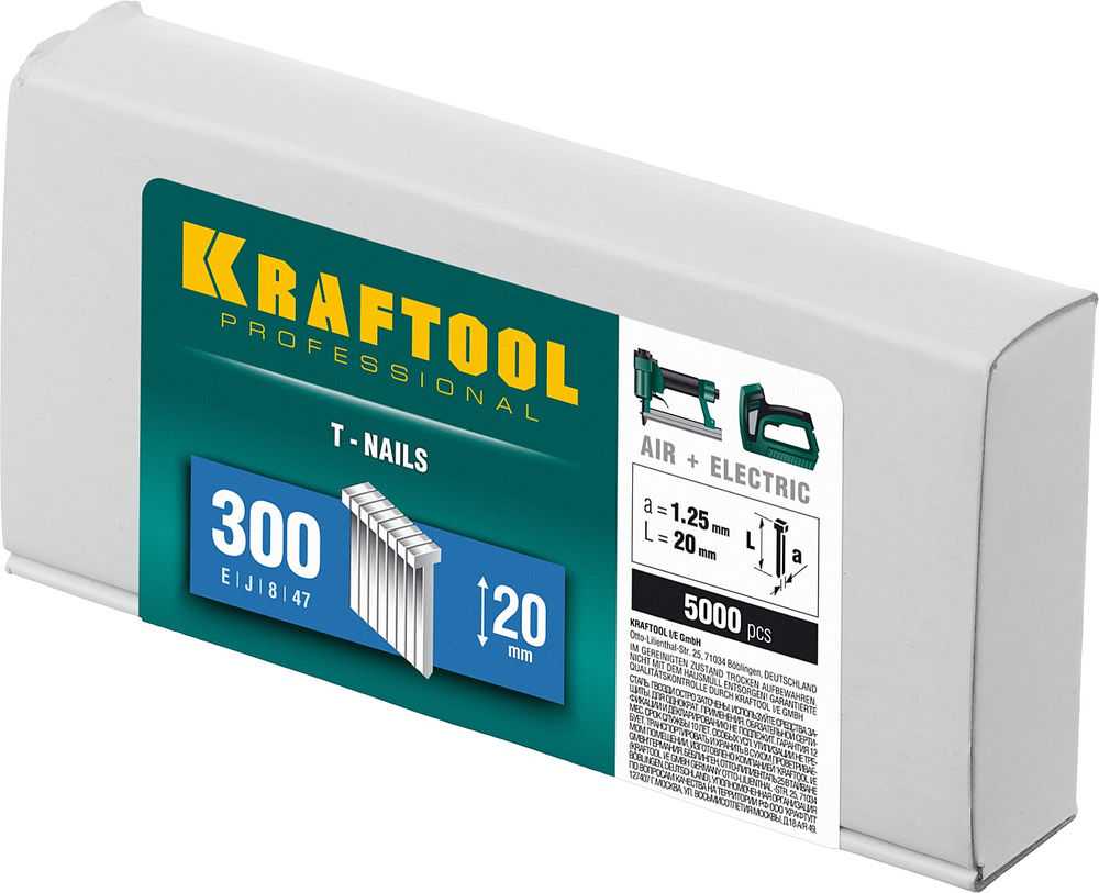 Гвозди тип 300 (47/J/F), 20 мм, калибр 18GA, 5000 шт KRAFTOOL 31785-20