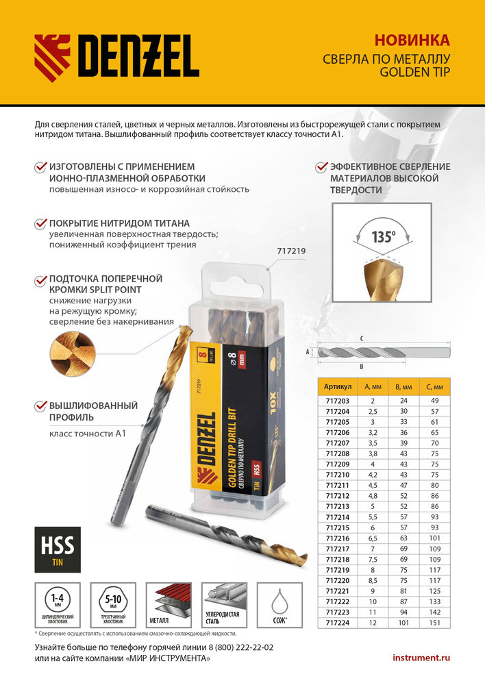 Сверло по металлу, 8,5 мм, HSS-Tin, Golden Tip, 8 шт. Denzel (717220)