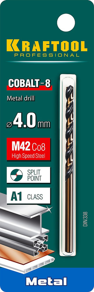 Сверло по металлу 4.0 х 75 мм сталь М42, HSS-Co(8%) COBALT-8 KRAFTOOL 29656-4