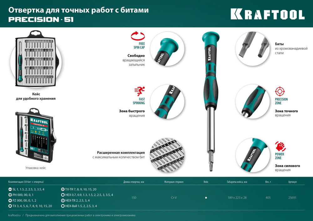 Отвертка для точных работ Precision-51, 51 предм. KRAFTOOL 25691
