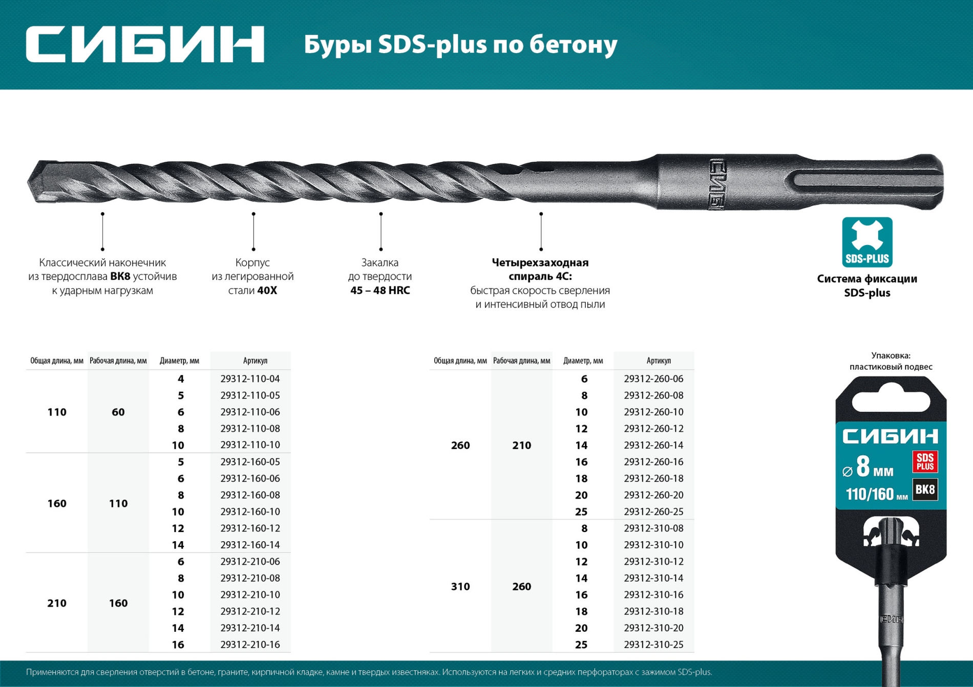 СИБИН 8 х 160 мм, SDS-plus бур (29312-160-08)