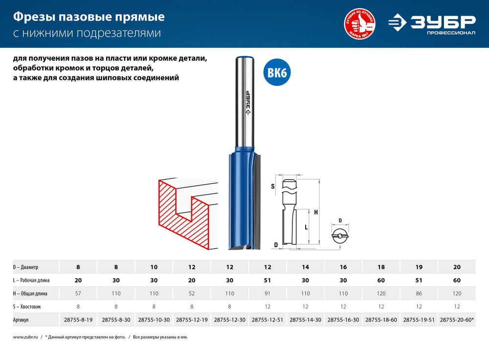 Фреза пазовая прямая 14?30 мм с нижними подрезателями хвостовик 12 мм ЗУБР Профессионал 28755-14-30