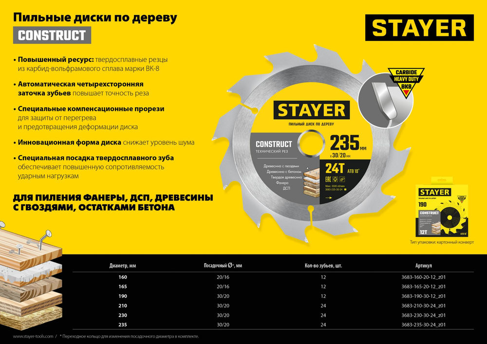 Диск пильный по дереву Construct, 210 x 30/20 мм, 24Т, технический рез STAYER 3683-210-30-24_z01