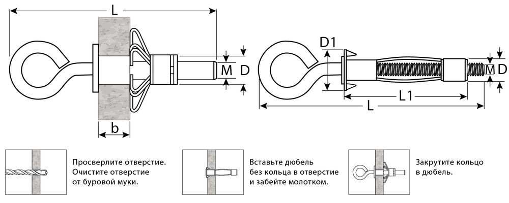 Анкер с кольцом для пустотелых конструкций МОЛЛИ, М4 х 32 х 8 мм, 100 шт ЗУБР 302532-04-032