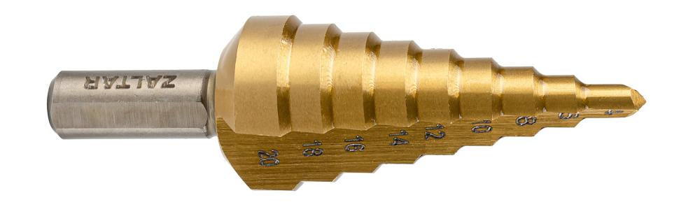 Сверло ступенчатое, HSS TiN, Gr.2, O4-20 мм, прямая канавка, трёхплоскостной хвостовик (ZA-05347)