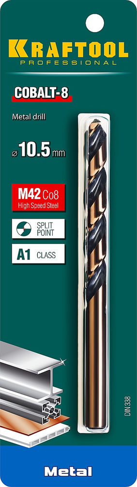 Сверло по металлу 10.5 х 133 мм сталь М42, HSS-Co(8%) COBALT-8 KRAFTOOL 29656-10.5