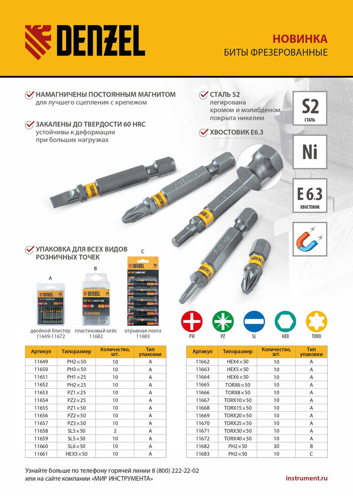 Бита SL6,0х50, сталь S2, шестигранный профиль, 10 шт. Е 6,3 Denzel (11660)