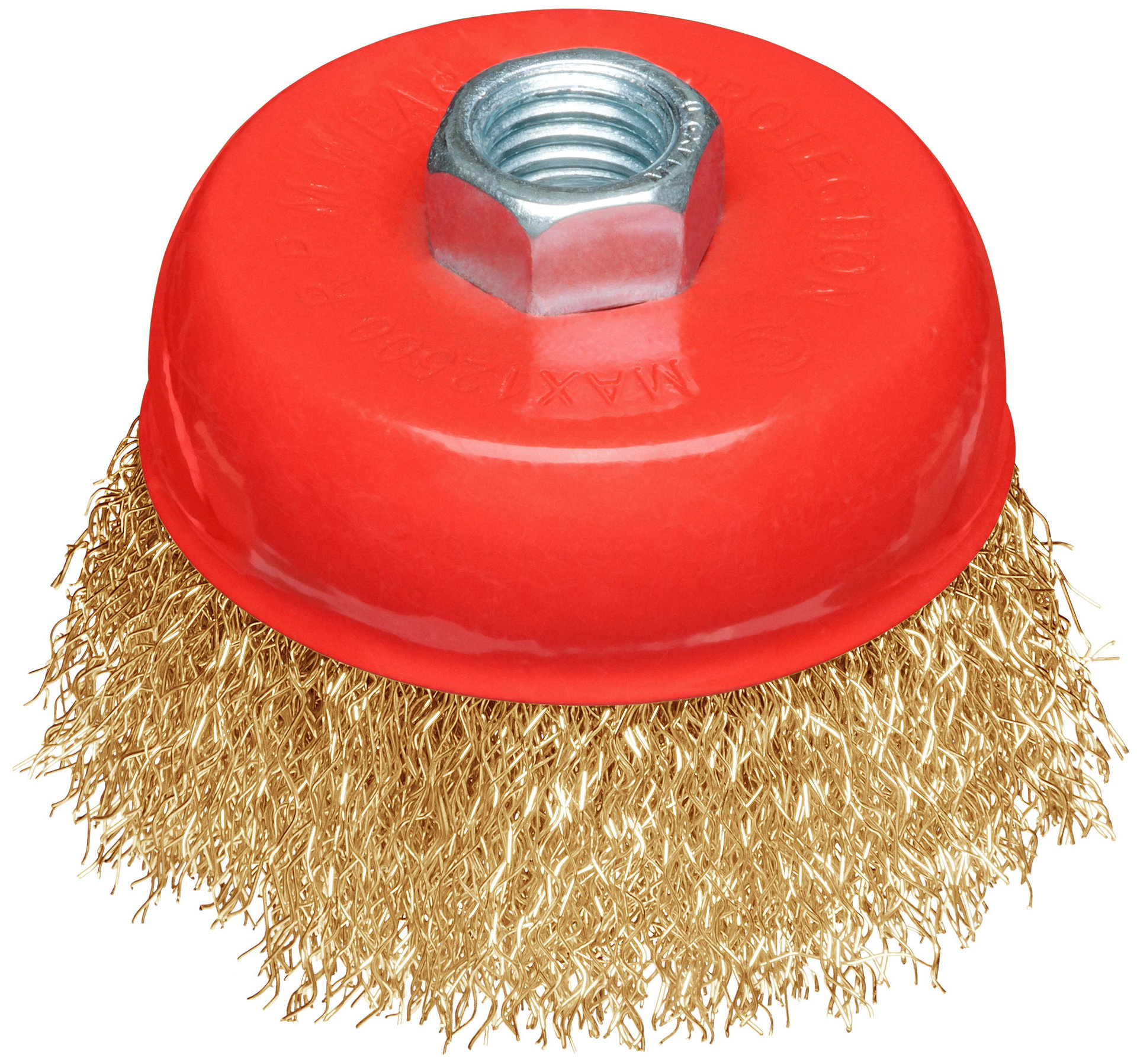 Корщетка-чашка, гайка М14, стальная латунированная волнистая проволока 75 мм, блистер (39092)