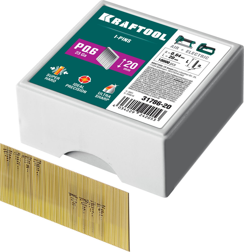 Шпильки тип P0.6, 20 мм, калибр 23GA, 10 000 шт KRAFTOOL 31786-20