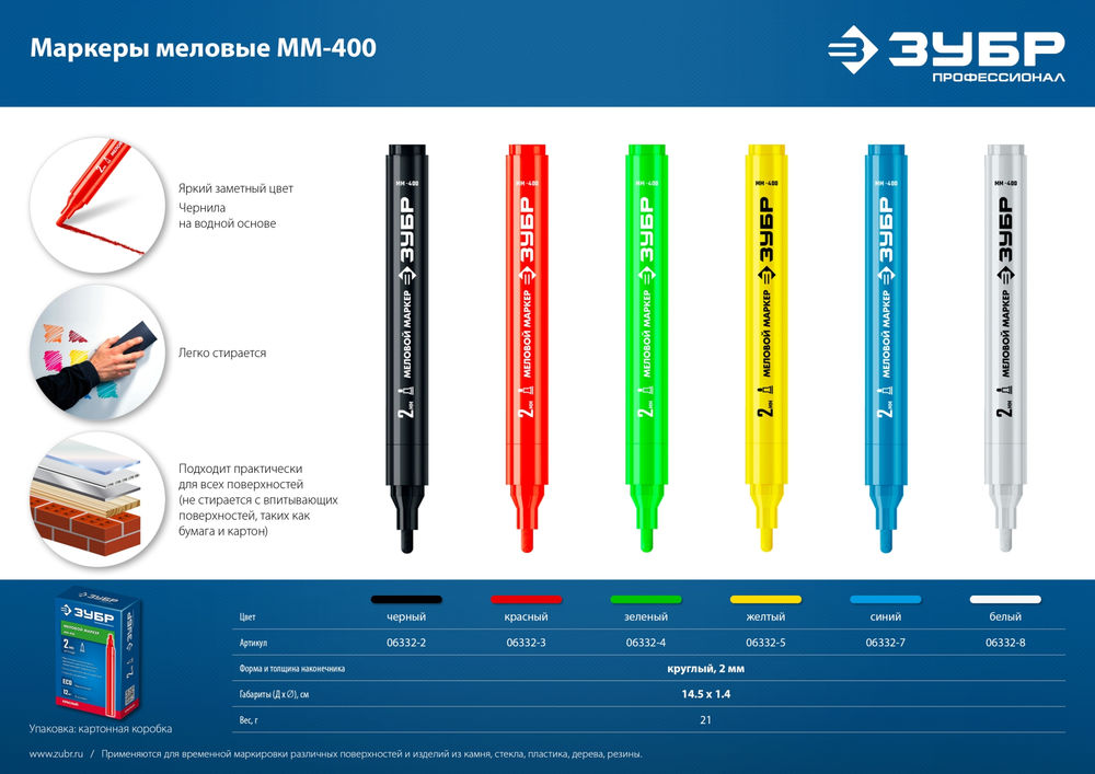 Меловой маркер ММ-400 черный, 2 мм ЗУБР 06332-2