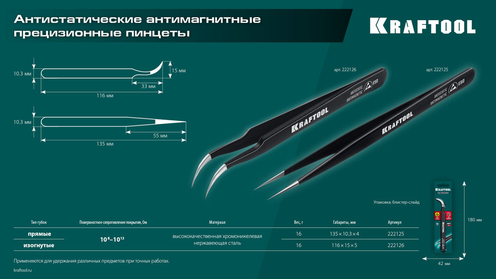 Антистатический антимагнитный прецизионный пинцет прямой, 135 мм KRAFTOOL 222125