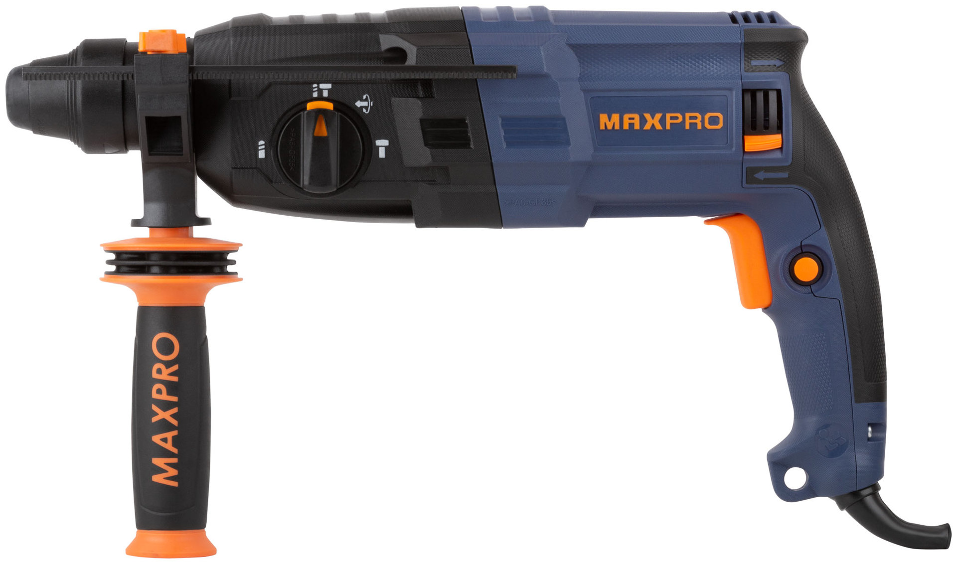 Перфоратор монтажный 800 Вт; 0-1100 об/мин; 2,8 Дж; 3 режима; Д/Б/М-30/26/13; 3,4 кг; SDS-PLUS; антивибрационная ручка; резиновые вставки MAX-PRO 85084