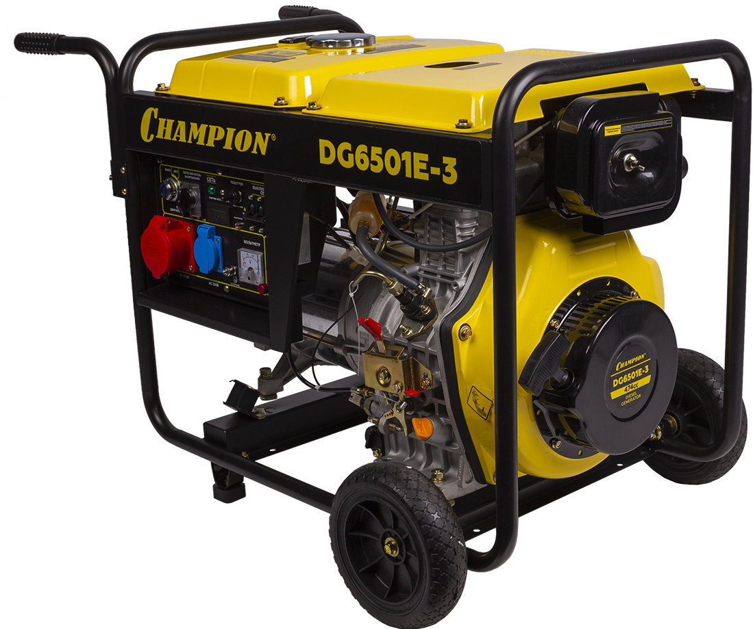Генератор диз. CHAMPION DG6501E-3 (400В 6,2/6,8кВА 8,9лс 12,5л 12V 103кг,эл.стартер,колеса,счетчик) (DG6501E-3)