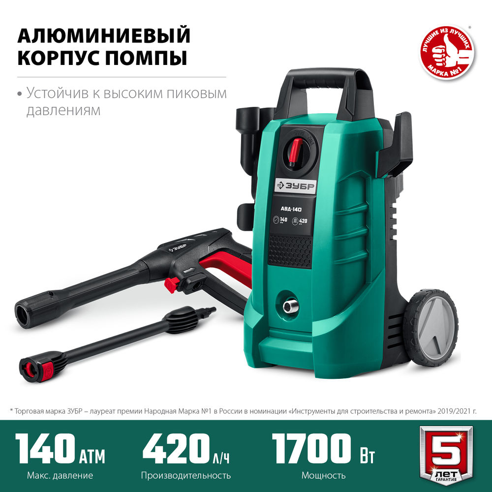 Мойка высокого давления 1700 Вт 140 Атм пистолет МИГ-180 ЗУБР АВД-140