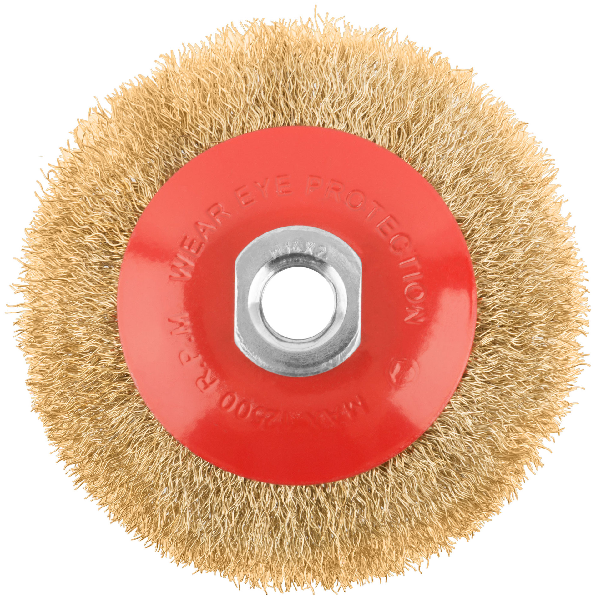 Корщетка-колесо с наклоном, гайка М14, стальная латунированная волнистая проволока 100 мм (39050)