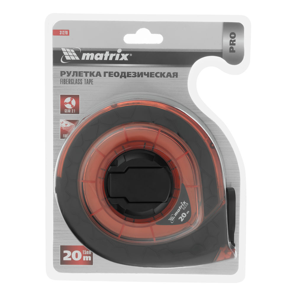 Рулетка геодезическая 20 м х 15 мм, закрытый корпус, фибергласовая лента, двусторонняя шкала, Pro Matrix
