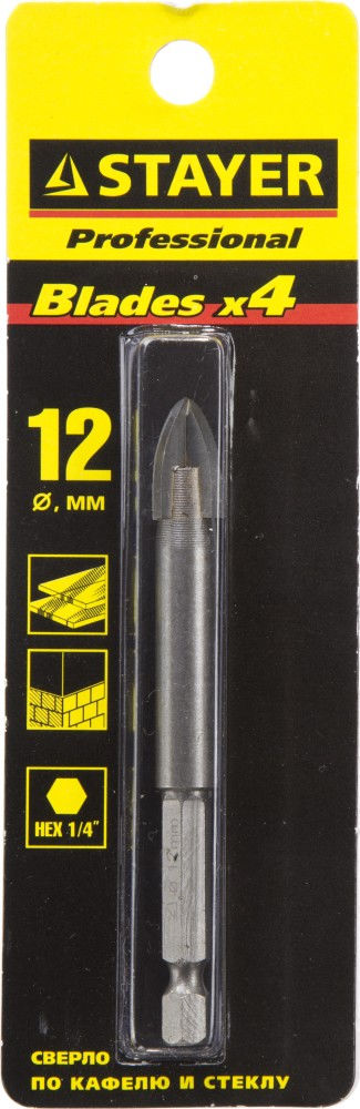 Сверло по стеклу и кафелю 12 мм, 4х кромка, HEX 1/4 STAYER 2985-12_z01