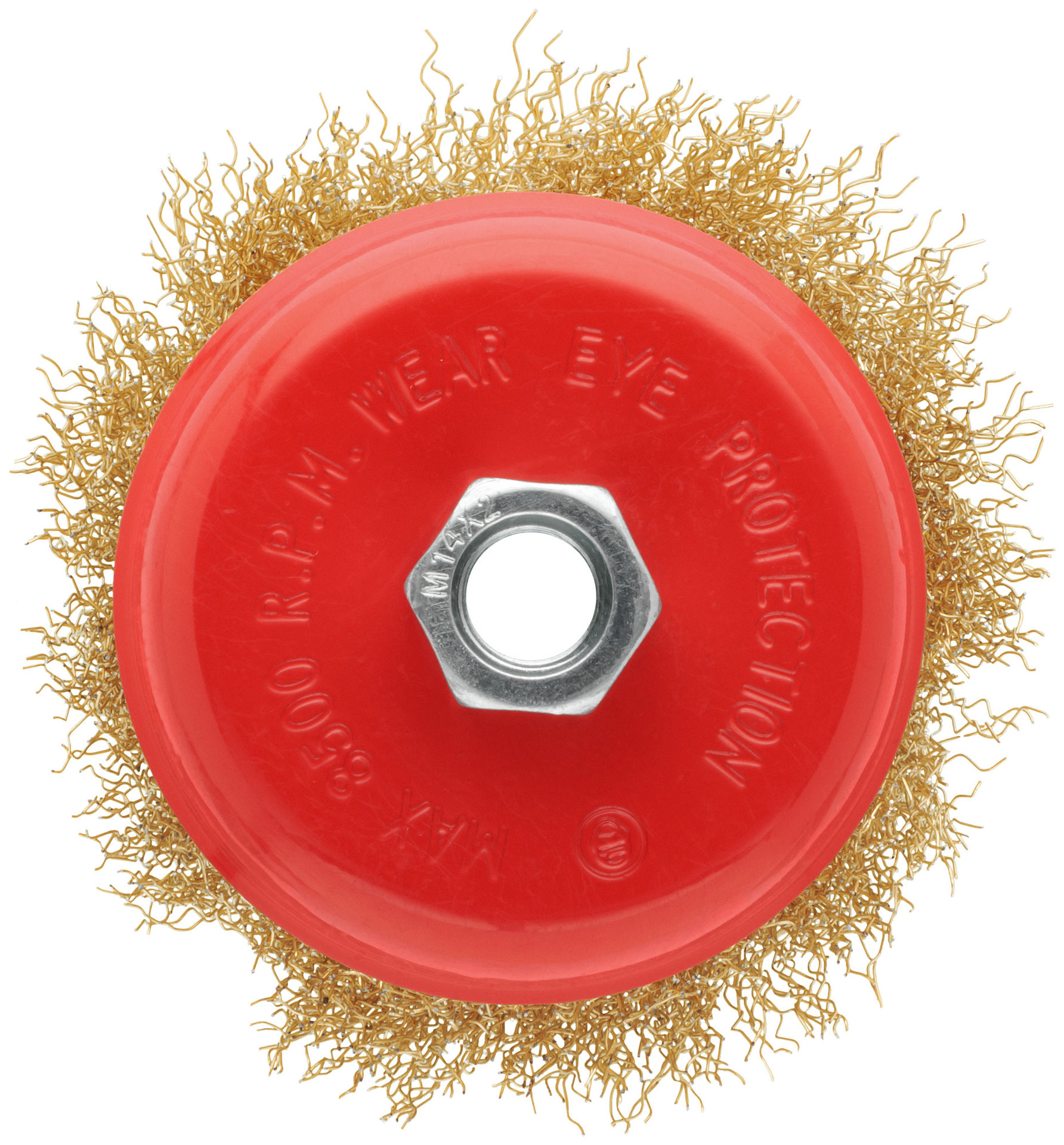 Корщетка-чашка, гайка М14, стальная латунированная волнистая проволока 100 мм, блистер (39093)