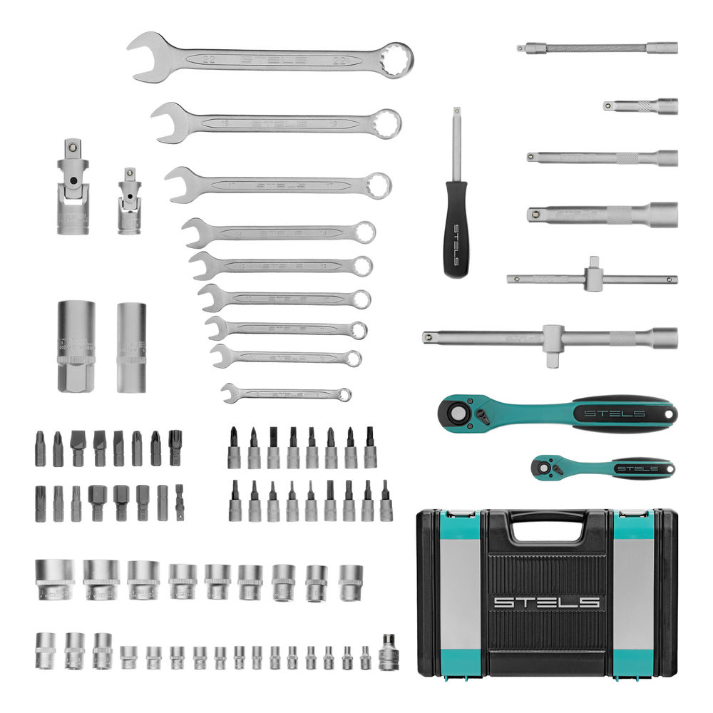 Набор инструментов 1/2, 1/4, CrV, 12 гранные головки, пластиковый кейс, 82 предмета Stels