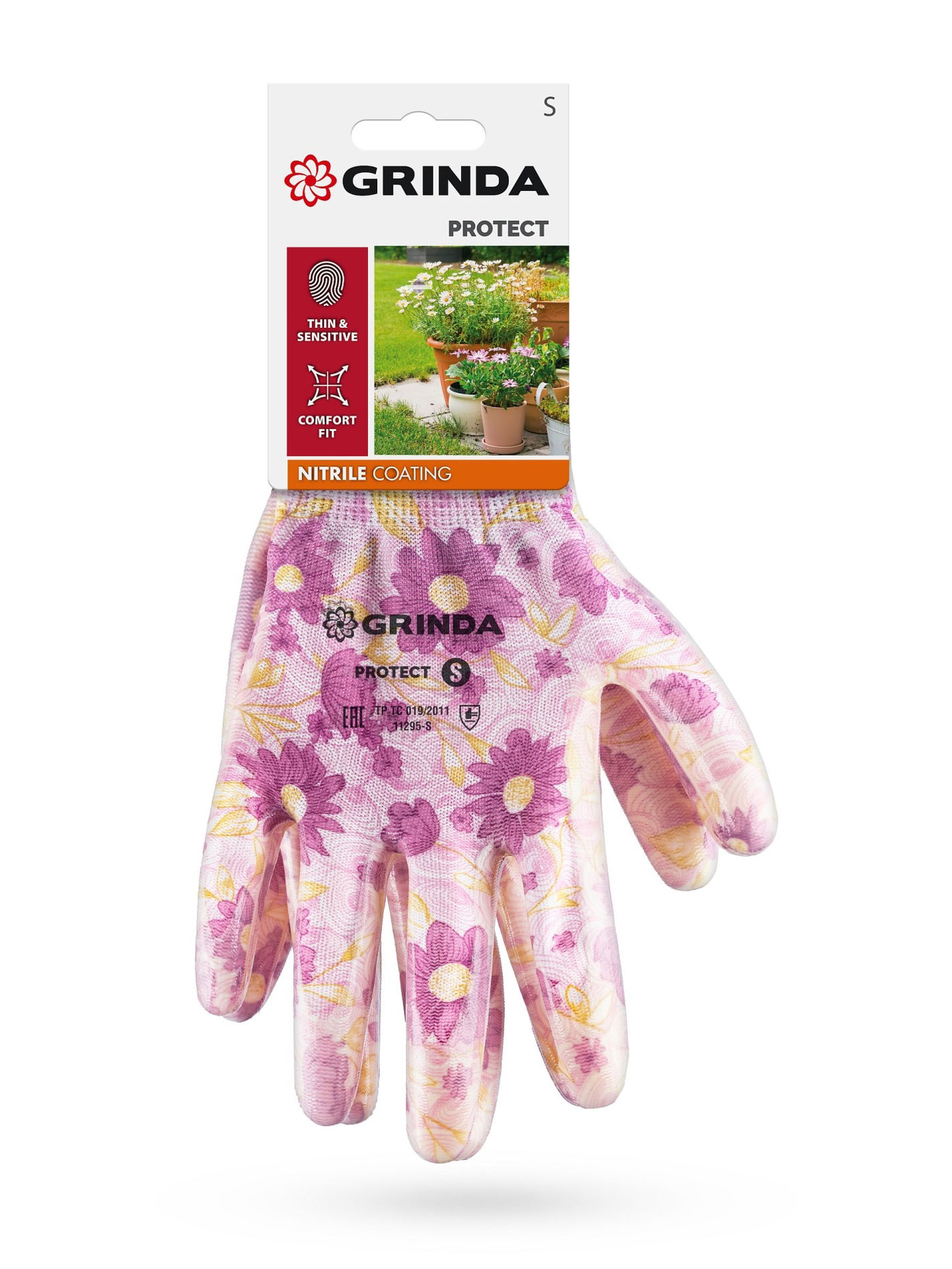 GRINDA PROTECT, S (7), садовые перчатки с прозрачным нитриловым покрытием, фиолетовые, 13 класс (11295-S_z01)