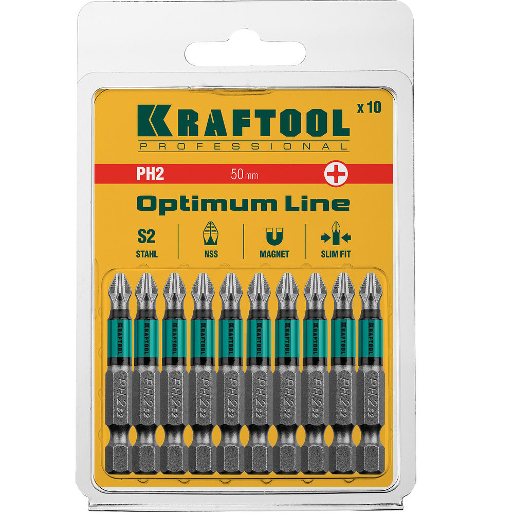 Биты Optimum PH2, 50 мм, 10 шт KRAFTOOL 26122-2-50-10