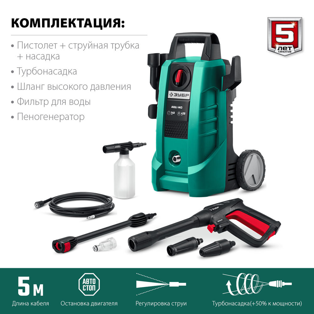 Мойка высокого давления 1700 Вт 140 Атм пистолет МИГ-180 ЗУБР АВД-140