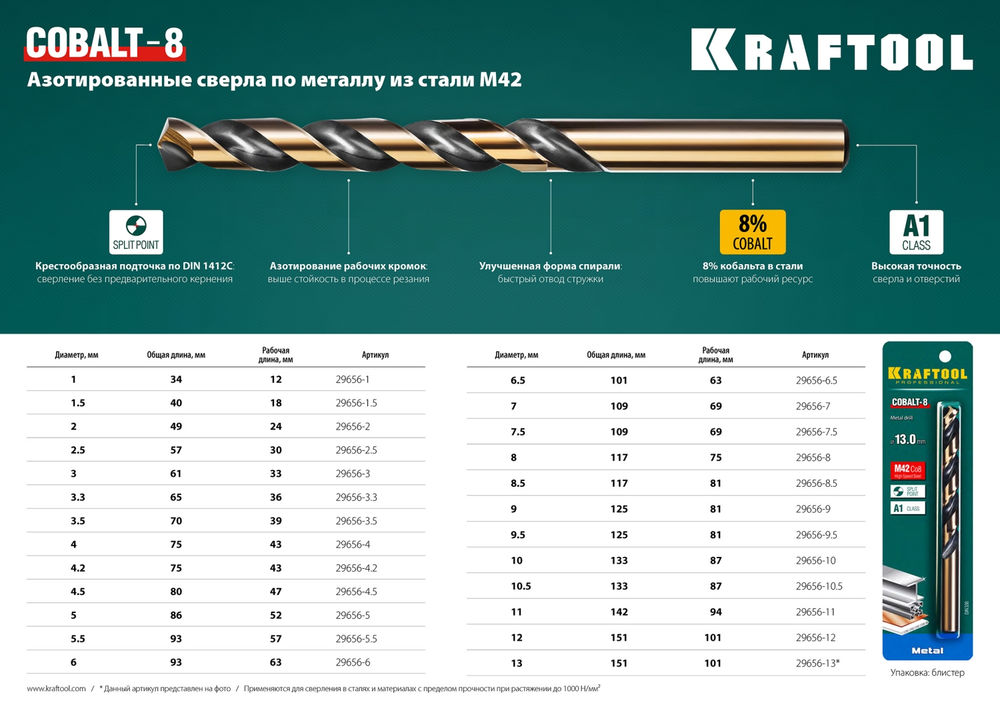 Сверло по металлу 6.0 х 93 мм сталь М42, HSS-Co(8%) COBALT-8 KRAFTOOL 29656-6