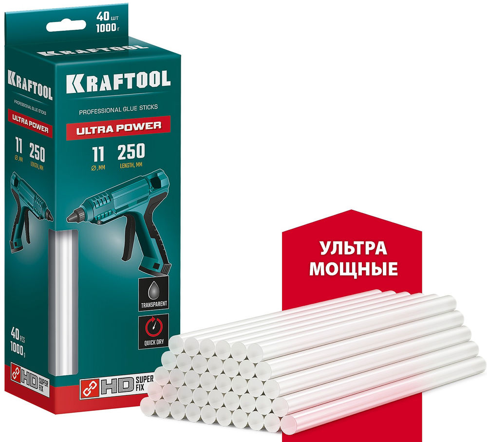 Клеевые стержни Ultra Power, 11 х 250 мм, 40 шт, ультрамощные, прозрачные KRAFTOOL 06848-40