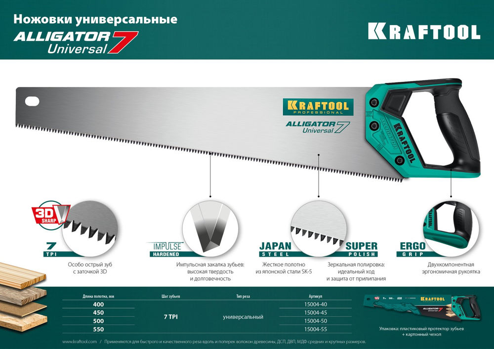 Универсальная ножовка Alligator Universal 7, 550 мм, 7 TPI, 3D зуб KRAFTOOL 15004-55