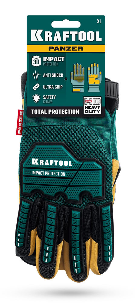 Профессиональные комбинированные перчатки PANZER р.XL (10), виброзащита, увеличенные противоударные накладки KRAFTOOL 11298-XL