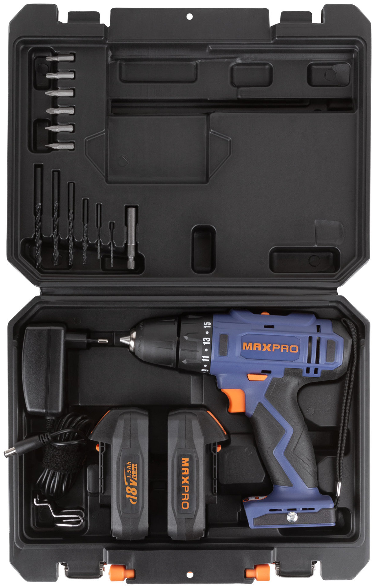 Дрель-Шуруповерт аккумуляторная 18 В; 0-350/0-1250 об/мин; 10 мм; 30 Нм; 2 батареи (Li-Ion) х1,5 Ач; 15+1; 1 ч.; регулировка оборотов MAX-PRO 85030