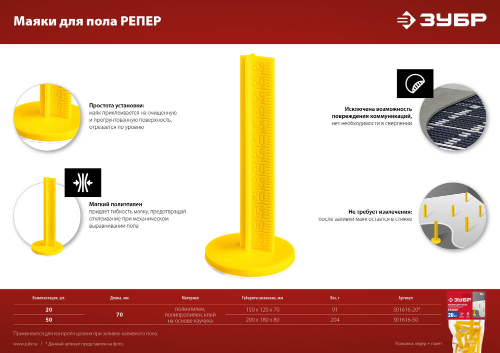 Маяки для пола самоклеящиеся 70 мм, 20 шт РЕПЕР ЗУБР 301616-20