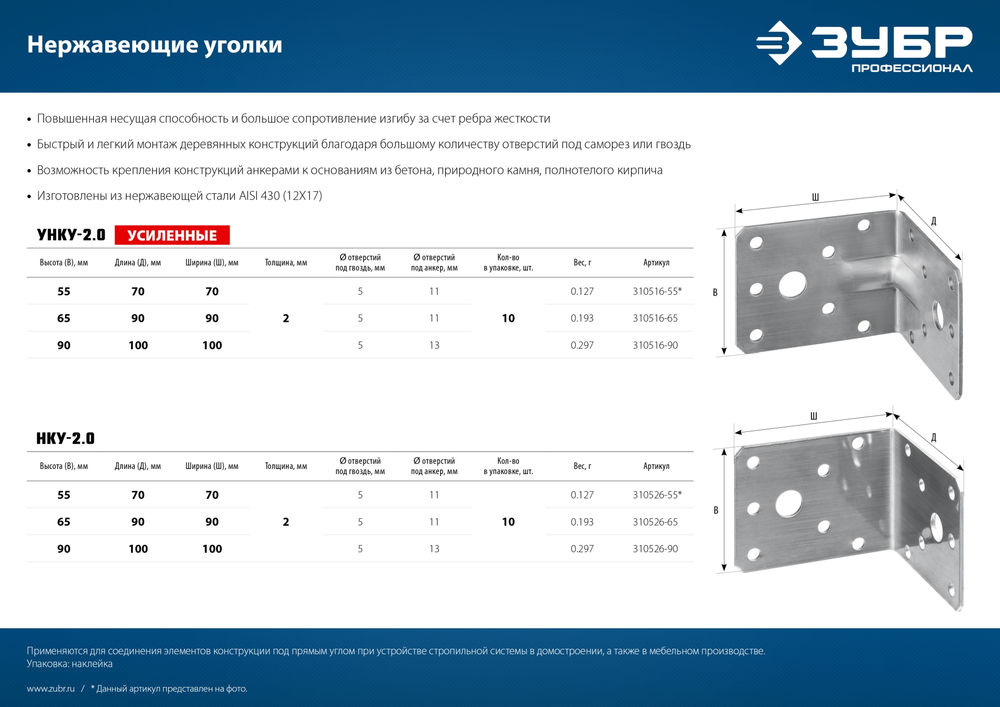 Крепежный уголок усиленный нержавеющий УНКУ-2.0 55 x 70 x 70 x 2 мм ЗУБР Профессионал 310516-55