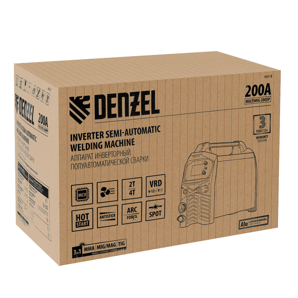 Аппарат инвертор. полуавтомат. сварки MultiMIG-200DP Synergy Double Pulse, 200 А, ПВ 80% Denzel (94313)