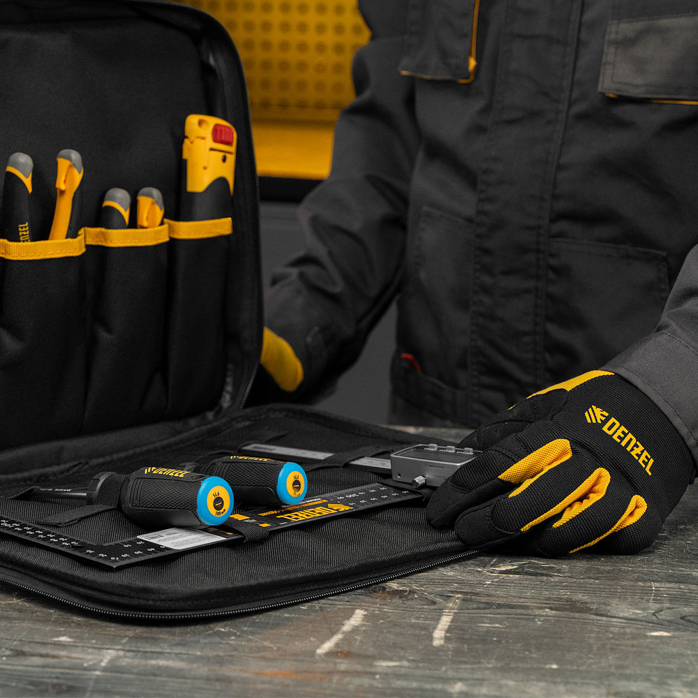 Сумка для инструмента, 400х170х300 мм, 3 отделения, 28 карманов, наплечный ремень Denzel