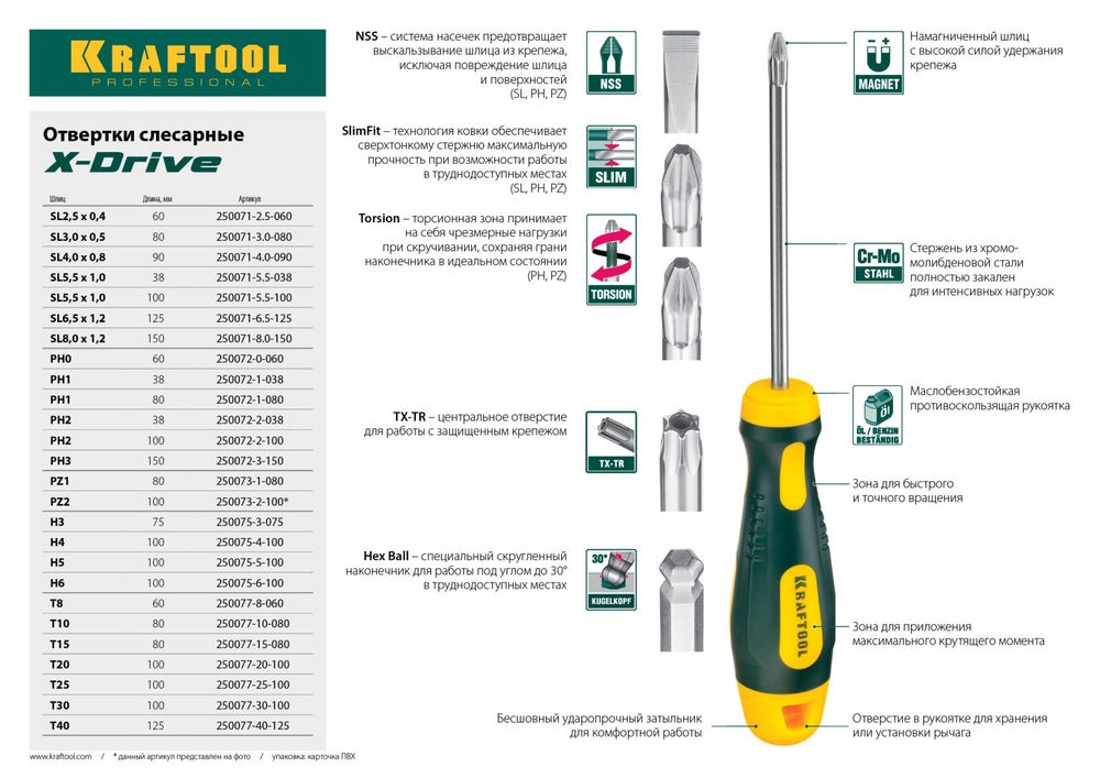 Отвертка SL3 x 80 Х-Drive KRAFTOOL 250071-3.0-080