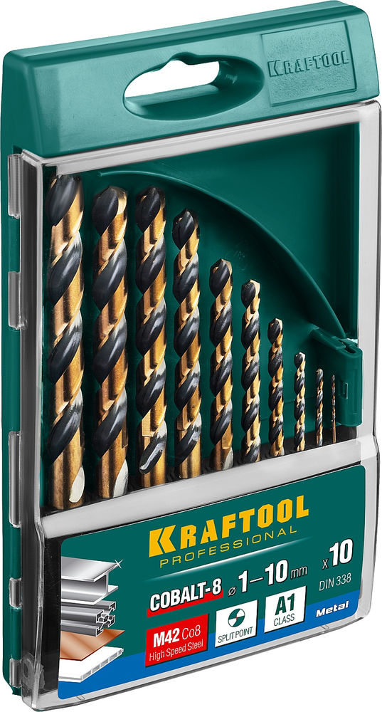Набор сверл по металлу COBALT-8, 10 шт, (1–10 мм), сталь М42, HSS-Co(8%) KRAFTOOL 29656-H10