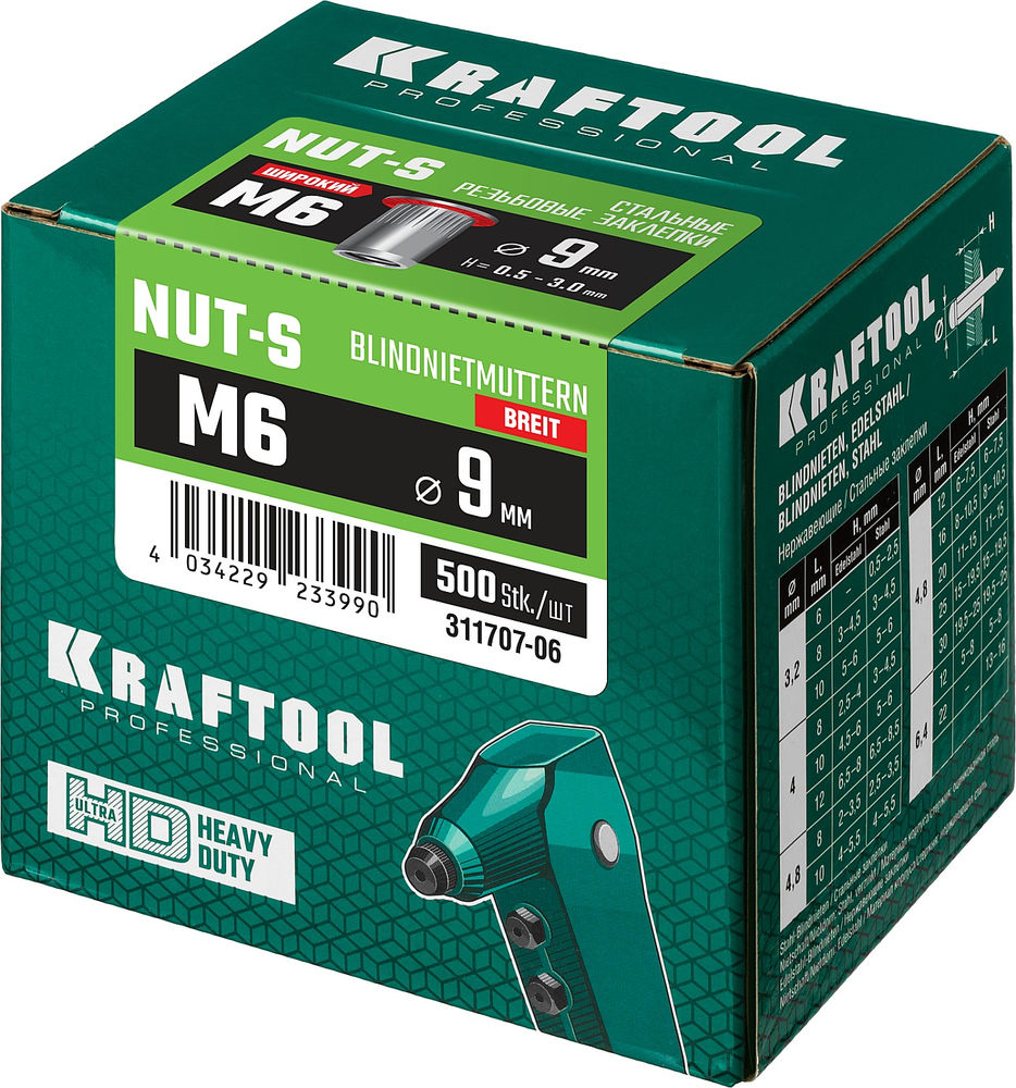 Резьбовые заклепки стальные с насечками Nut-S, М6, 500 шт KRAFTOOL 311707-06