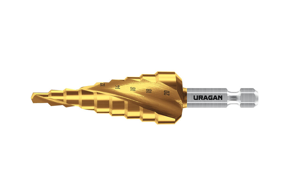 Сверло ступенчатое винтовая спираль URAGAN 4-20мм 9 ступеней 29658-4-20-9  