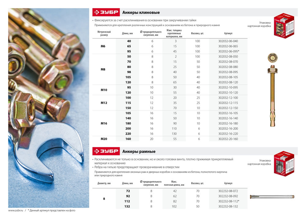 Клиновой анкер М16 х 200 мм, 6 шт ЗУБР 302032-16-200