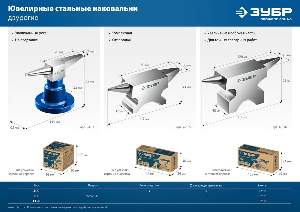 Наковальня ювелирная стальная 1150 г ЗУБР Профессионал 32616
