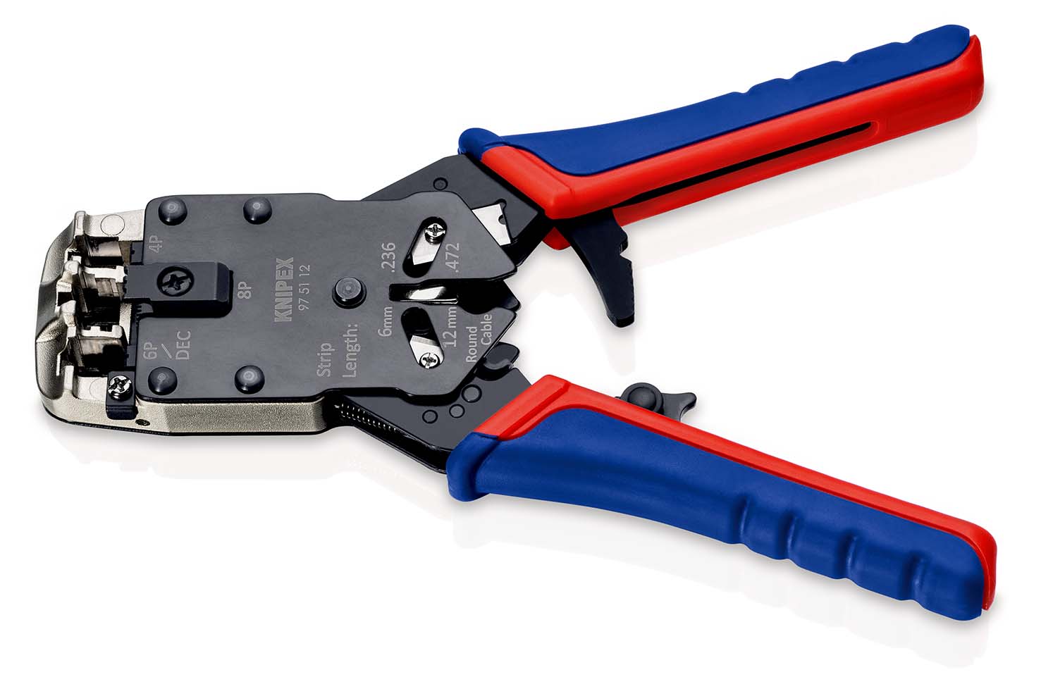 Пресс-клещи для штекеров RJ, 3 гнезда, RJ 10 (4-pin), RJ 11/12 (6-pin), RJ 45 (8-pin), 200 мм (KN-975112)
