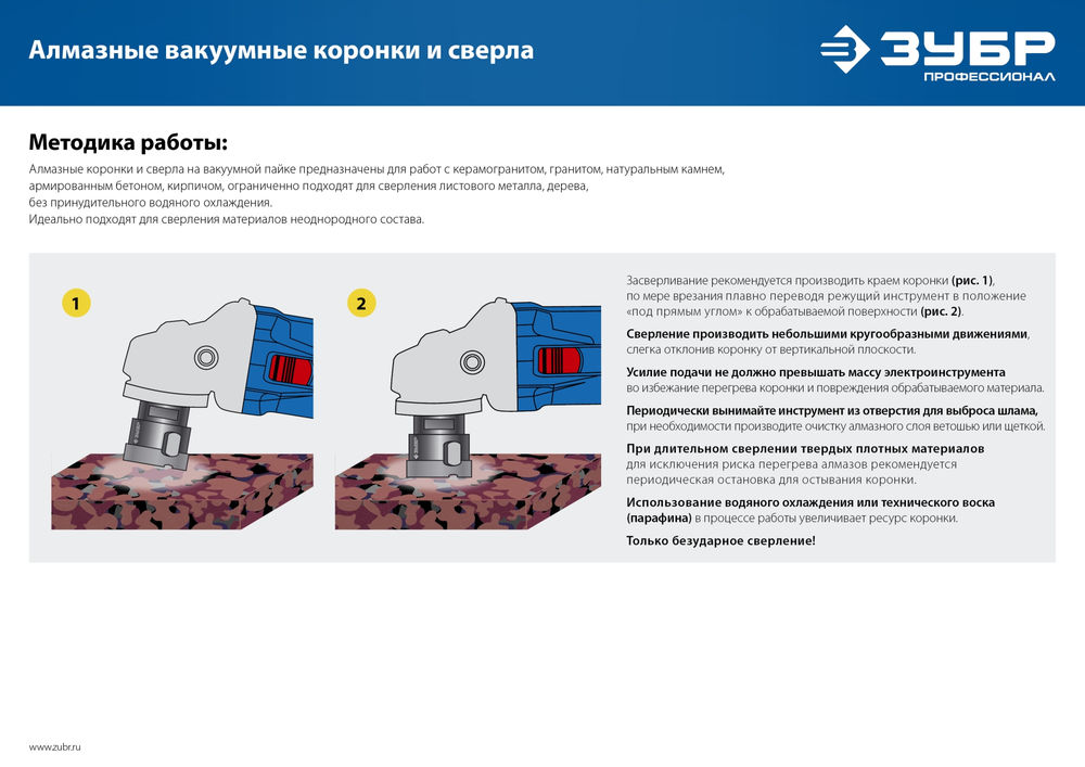 Коронка алмазная вакуумная АВК, d 12 мм, М14, 15 мм кромка ЗУБР Профессионал 29865-12-M14