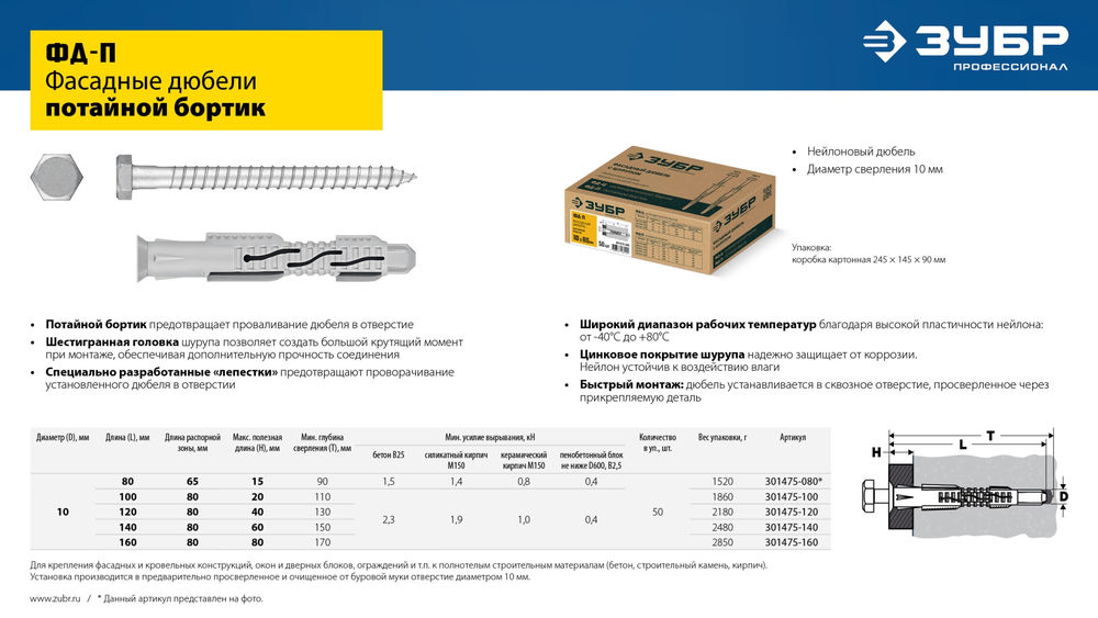 Дюбель фасадный ФД-П 10 x 160 мм, нейлон/цинк, 50 шт ЗУБР 301475-160