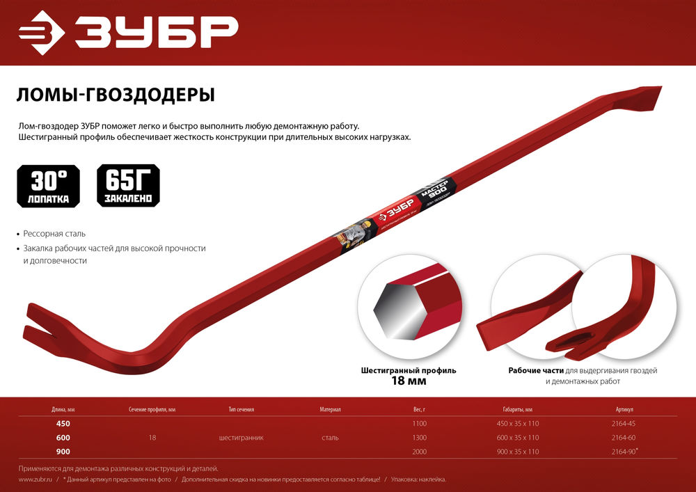 Шестигранный усиленный Hex-18 450 мм 18 мм ЗУБР 2164-45