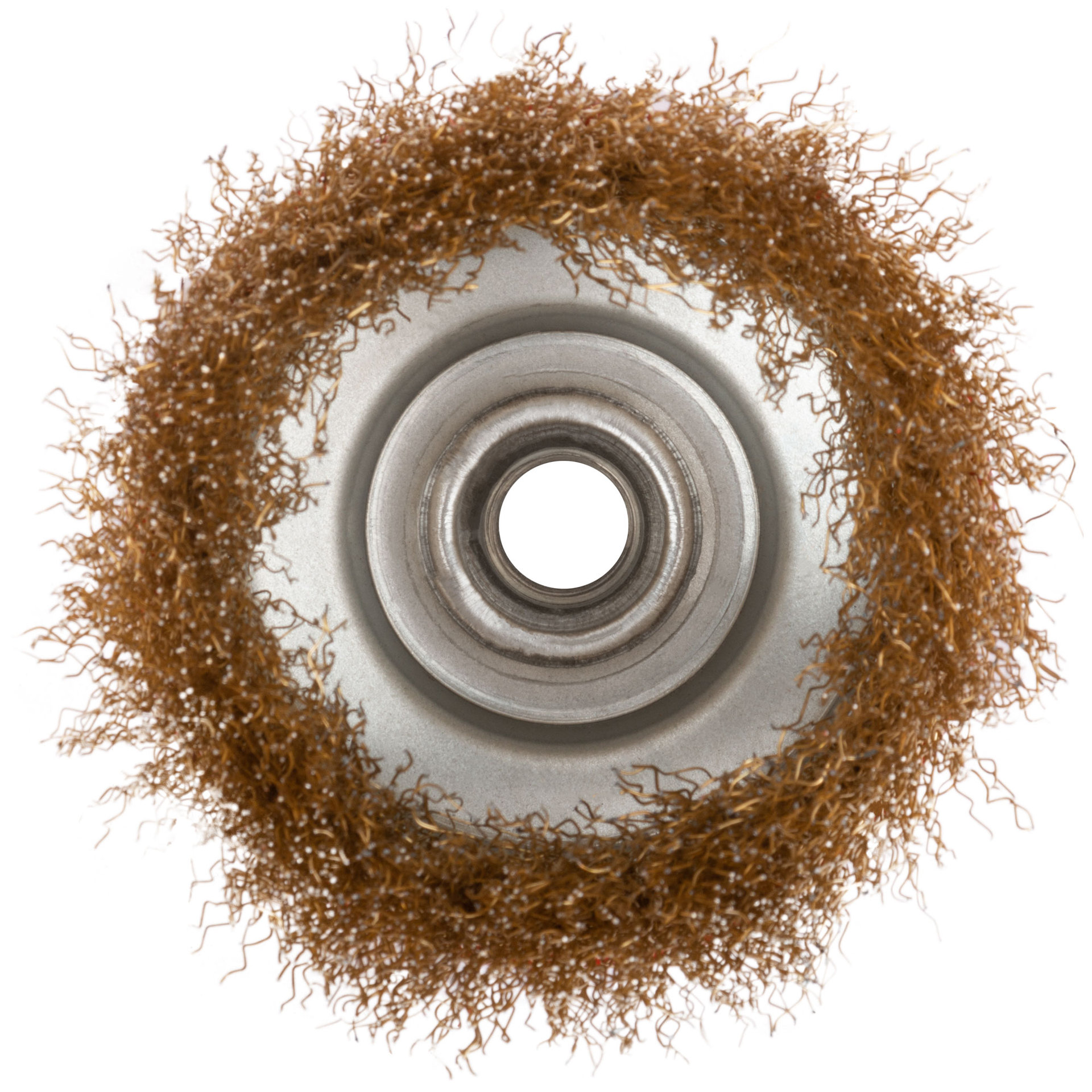 Корщетка чашечная, гайка М14, стальная латунированная волнистая проволока 100 мм (39038)