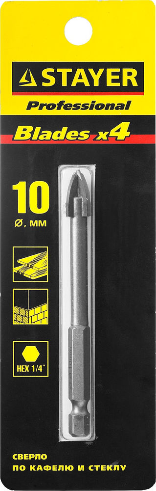 Сверло по стеклу и кафелю 10 мм, 4х кромка, HEX 1/4 STAYER 2985-10_z01