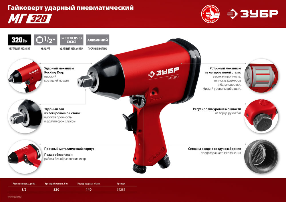 Ударный пневматический гайковерт МГ-320, 1/2, 320 Н·м ЗУБР 64285