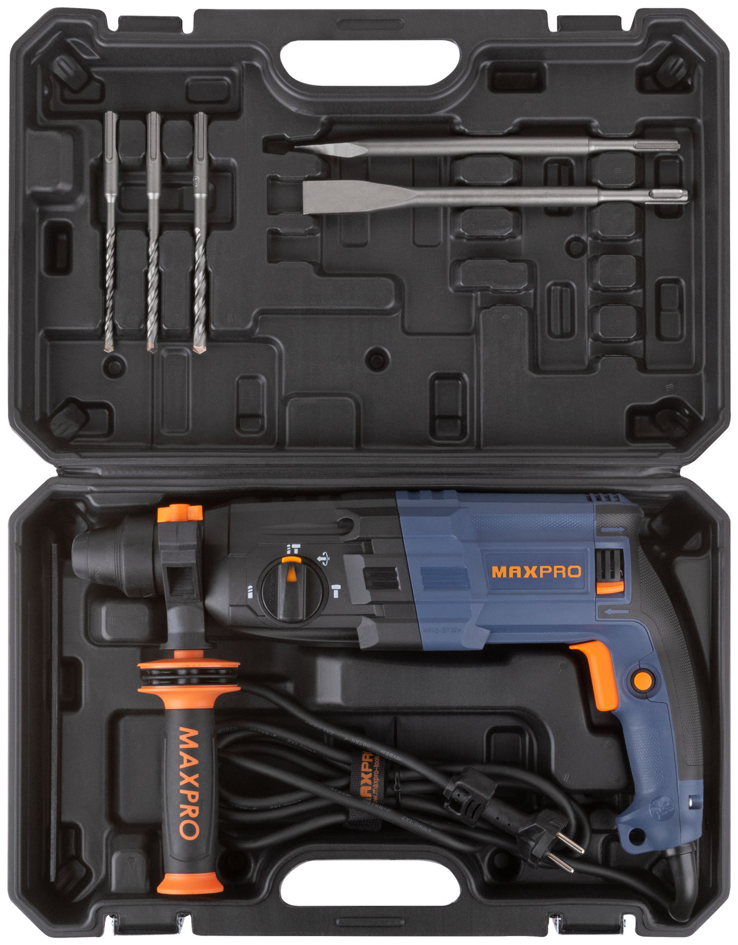 Перфоратор монтажный 800 Вт; 0-1100 об/мин; 2,8 Дж; 3 режима; Д/Б/М-30/26/13; 3,4 кг; SDS-PLUS; антивибрационная ручка; резиновые вставки MAX-PRO 85084